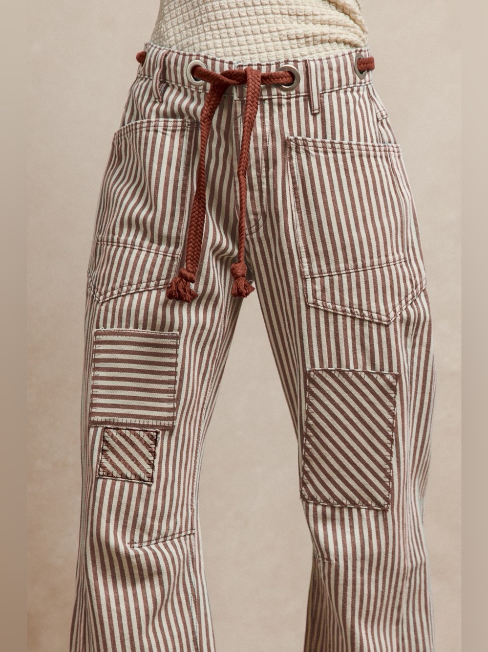 Drawstring Striped Twill Barrel Pants